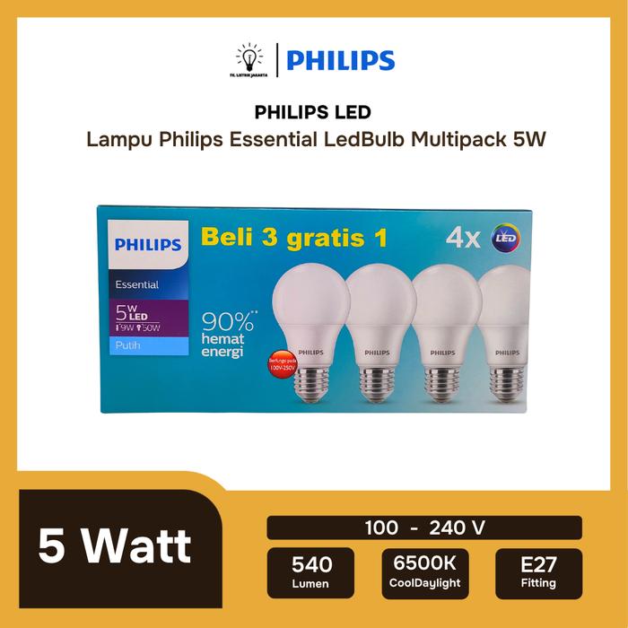 Led Philips Ess 5w Putih Multipack (3+1)